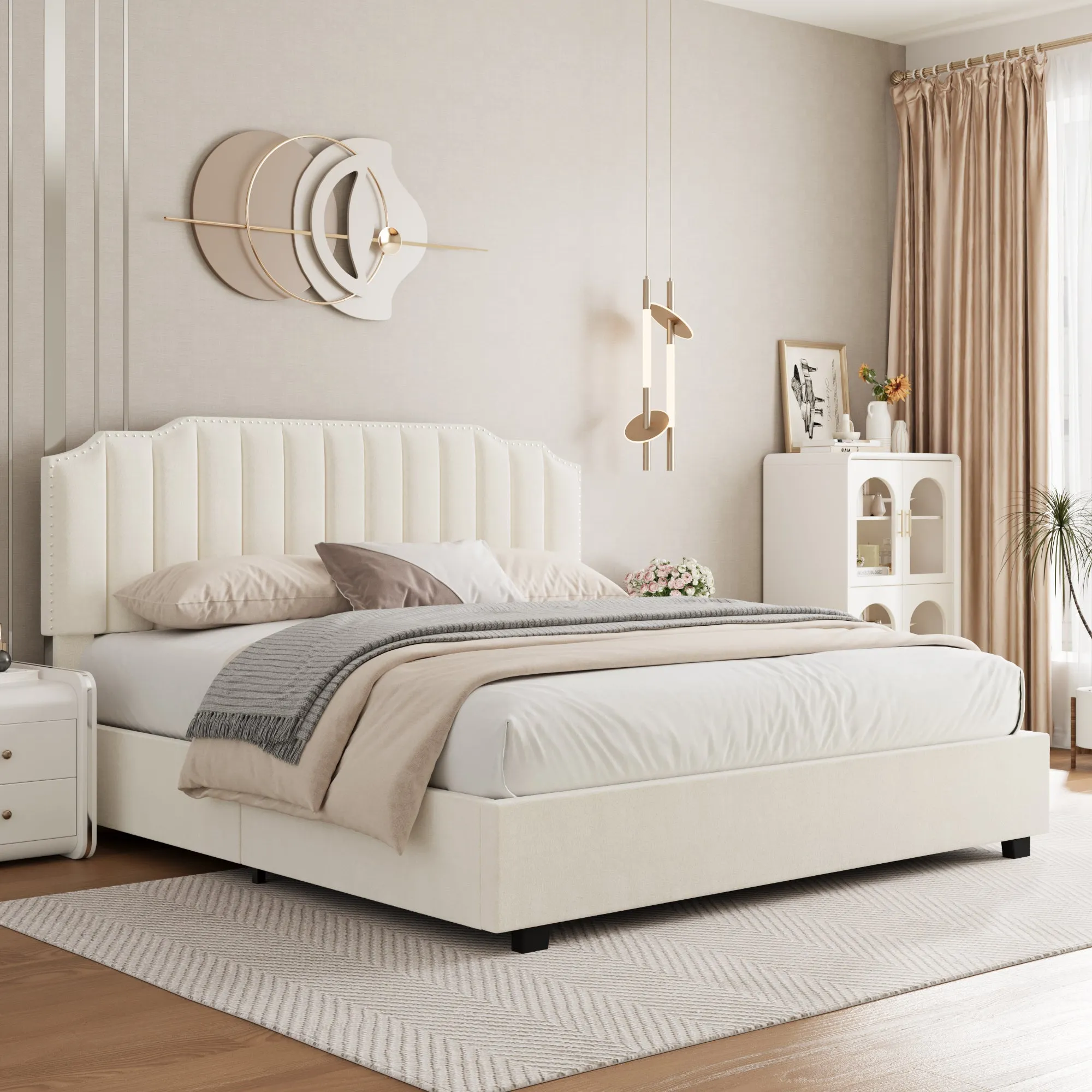 LIFT UP BEIGE VELVET FULL SIZE BED