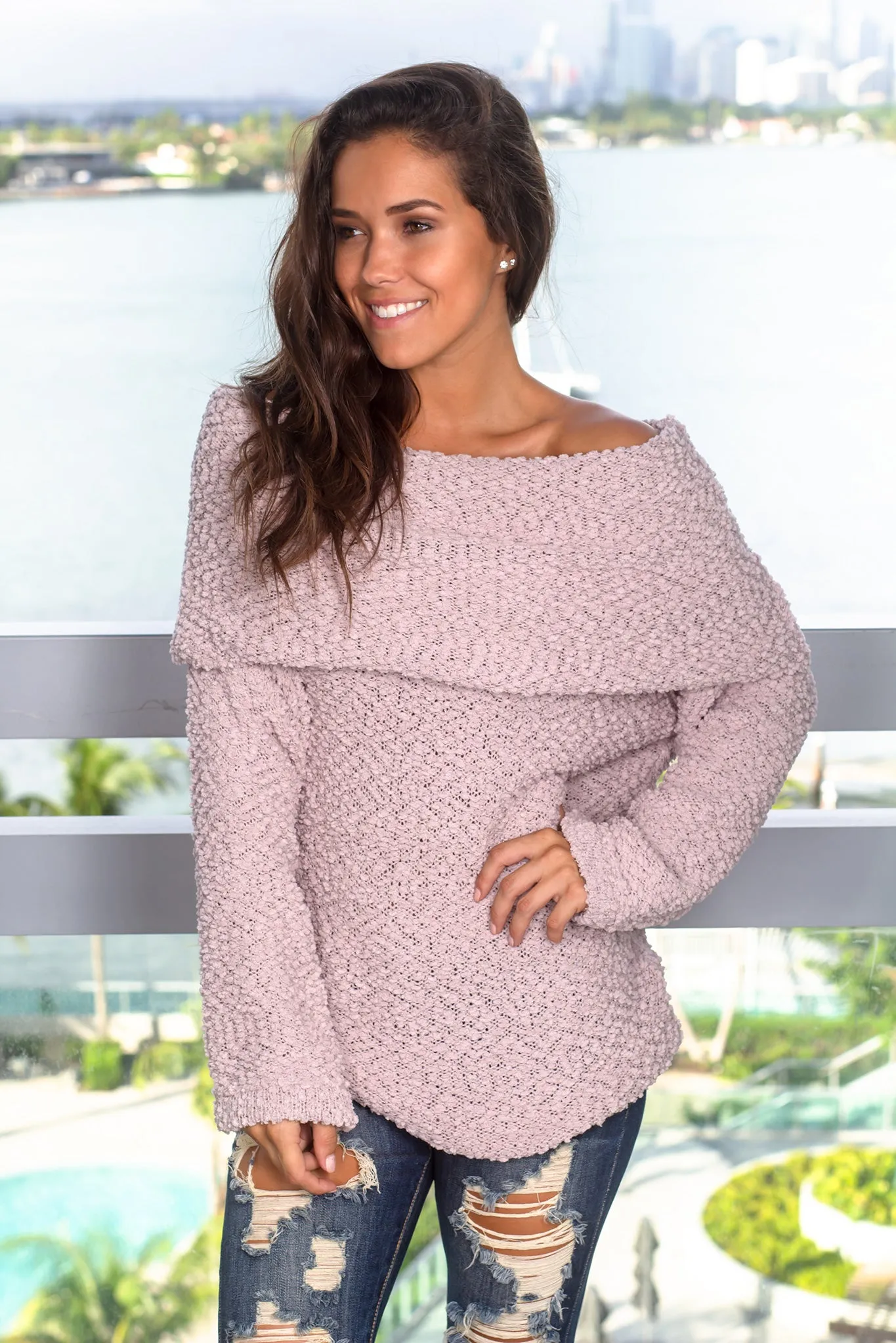 Light Mauve Off Shoulder Tunic Sweater