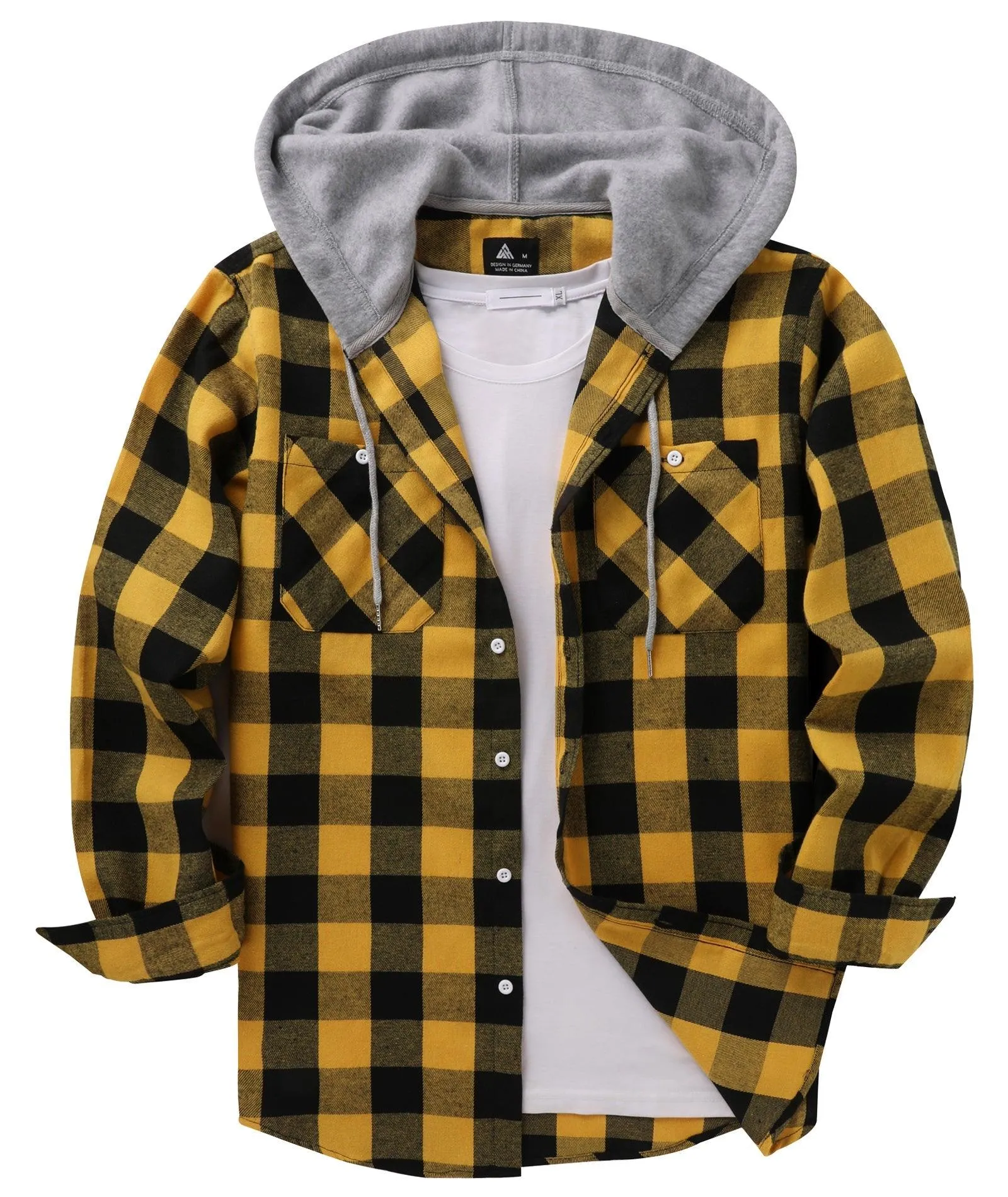 Men's Button Up Flannel Plaid Hoodie-CUMLT01116