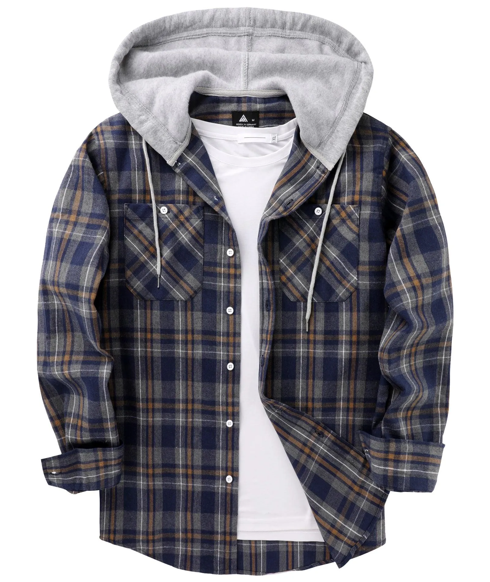 Men's Button Up Flannel Plaid Hoodie-CUMLT01116