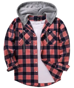 Men's Button Up Flannel Plaid Hoodie-CUMLT01116