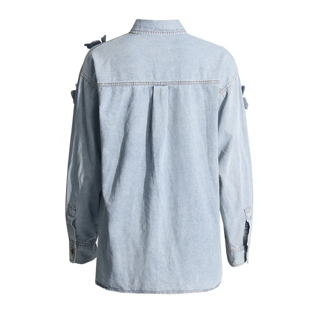 Oversized Collared Long Sleeve Rosette Applique Button Down Denim Jacket