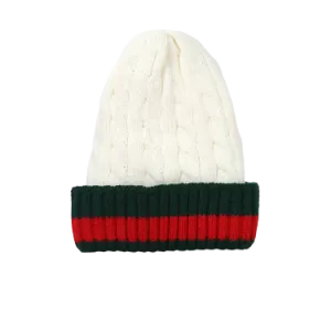 White Men's Winter knitted hat with green and red Striped Wool Beanie