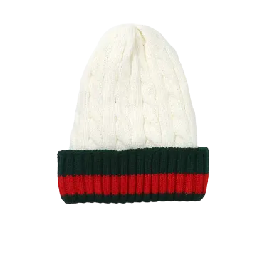 White Men's Winter knitted hat with green and red Striped Wool Beanie