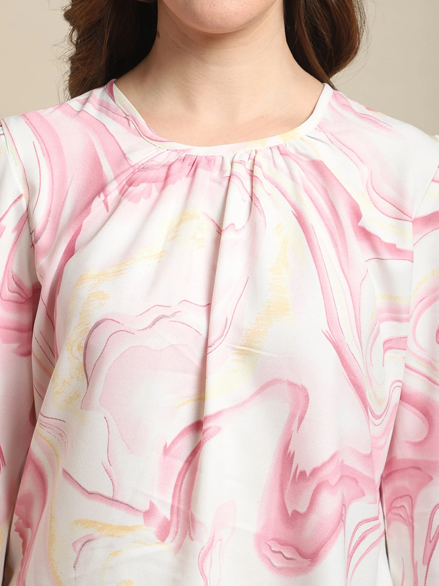 Women's Casual  Pink Marble Print Round neck Top