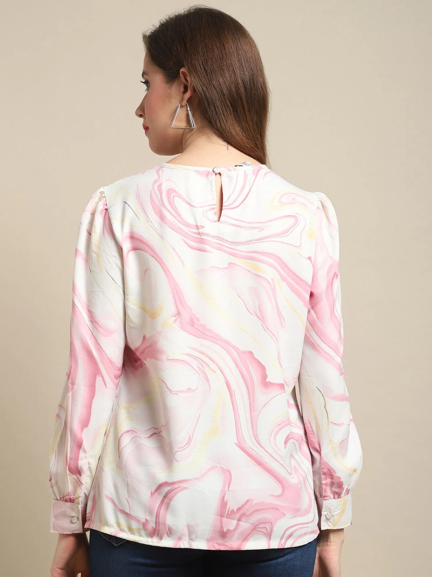 Women's Casual  Pink Marble Print Round neck Top