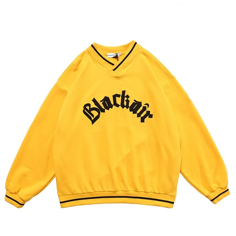 Women's V-Neck Letter Patch Baseball Sweatshirt / Casual Female Loose Pullover