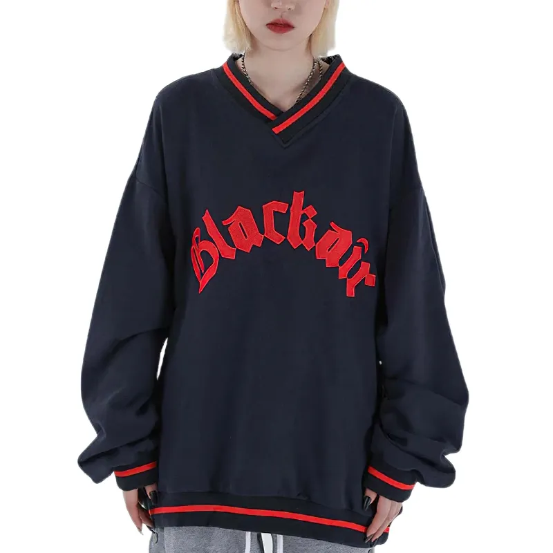 Women's V-Neck Letter Patch Baseball Sweatshirt / Casual Female Loose Pullover