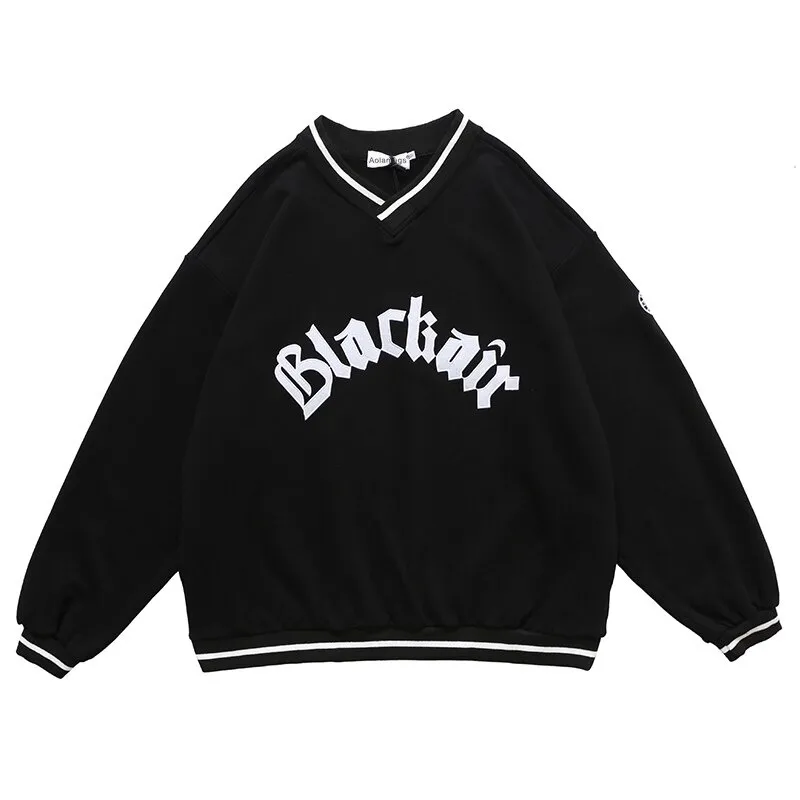 Women's V-Neck Letter Patch Baseball Sweatshirt / Casual Female Loose Pullover