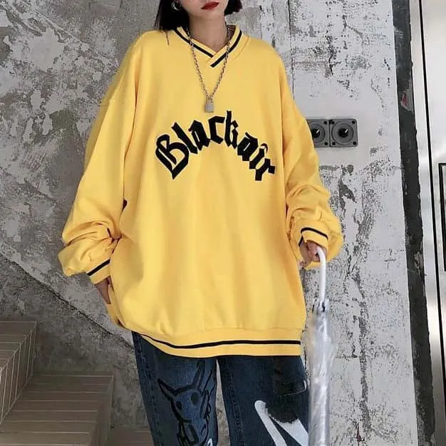 Women's V-Neck Letter Patch Baseball Sweatshirt / Casual Female Loose Pullover