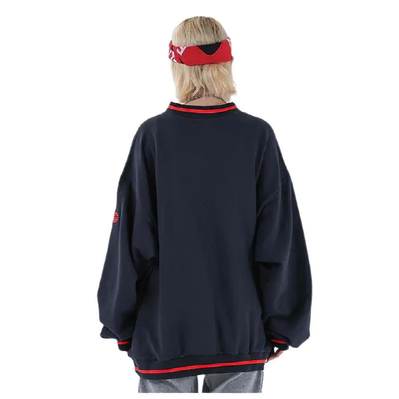 Women's V-Neck Letter Patch Baseball Sweatshirt / Casual Female Loose Pullover